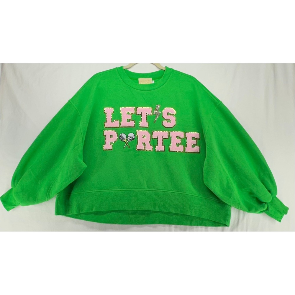 Judith March Lets Par-Tee Golf Sweatshirt Green Chenille Pink Oversized Crop M